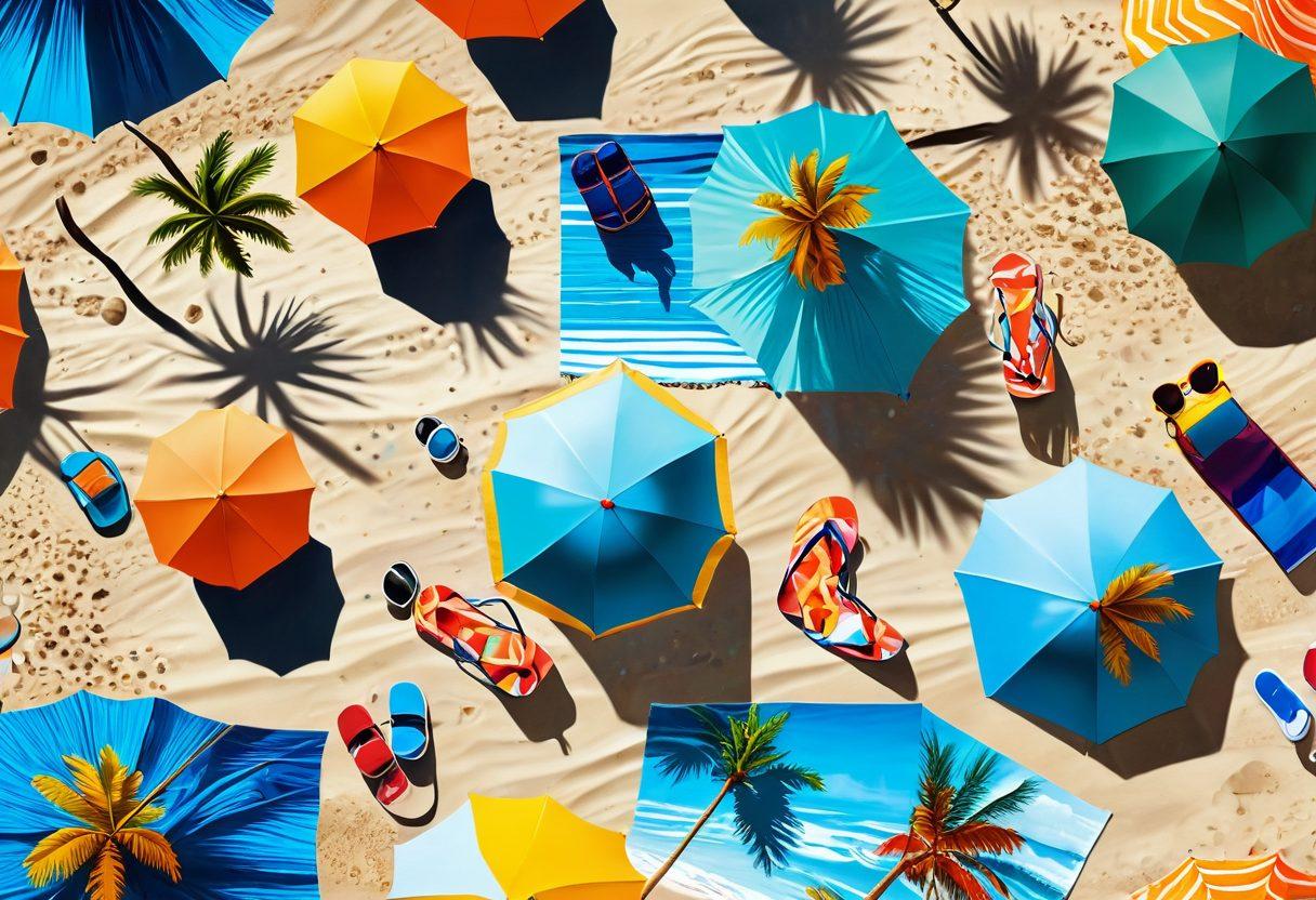 A vibrant beach scene showcasing a diverse group of people wearing trendy two-piece swimwear, highlighting various styles and colors. The sun shines brightly, casting playful shadows on golden sand, while a clear blue ocean waves in the background. Beach accessories like sunglasses, umbrellas, and beach towels add to the lively atmosphere. Include palm trees swaying gently in the breeze for a tropical vibe. super-realistic. vibrant colors. 3D.