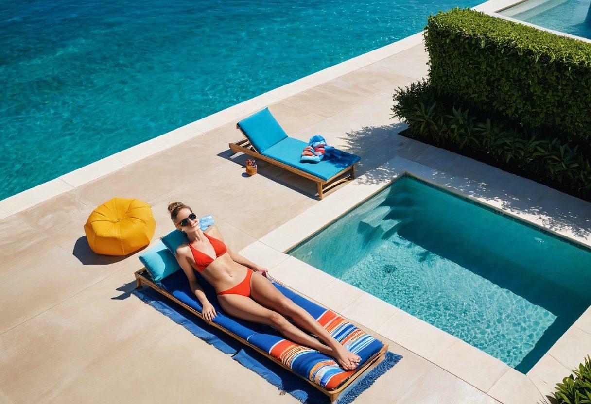 A stylish individual lounging by a luxurious pool with vibrant swimwear, transitioning to a sunny sandy beach with azure waves crashing in the background. The scene captures the essence of summer, showcasing bold colors of swim attire and beach accessories like sunglasses and towels. The atmosphere is relaxed and inviting, evoking a sense of seaside luxury. super-realistic. vibrant colors. summer vibe.