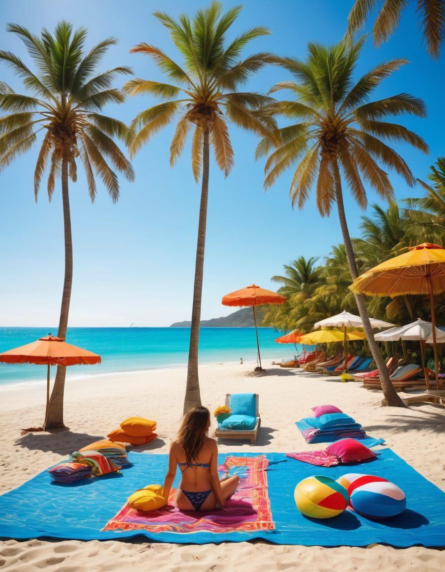 A vibrant beach scene featuring diverse, stylish individuals wearing trendy bathing suits, lounging on colorful beach towels, with sun umbrellas and beach balls in the background. Include palm trees swaying in the breeze and clear blue water reflecting the sun, capturing a sense of relaxation and adventure. The bathing suits should be eye-catching and fashionable. super-realistic. vibrant colors. sunny beach atmosphere.